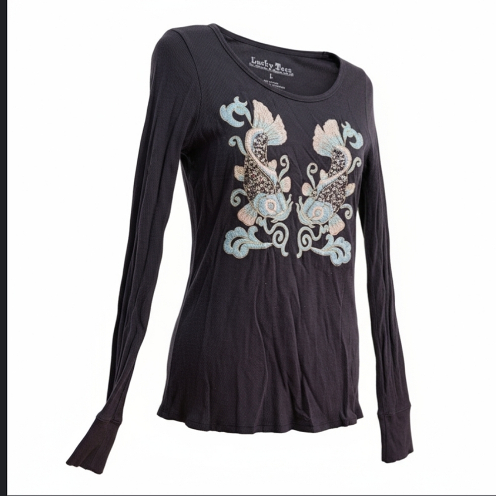Lucky Brand Black Long Sleeve Top with Koi Fish Embroidery